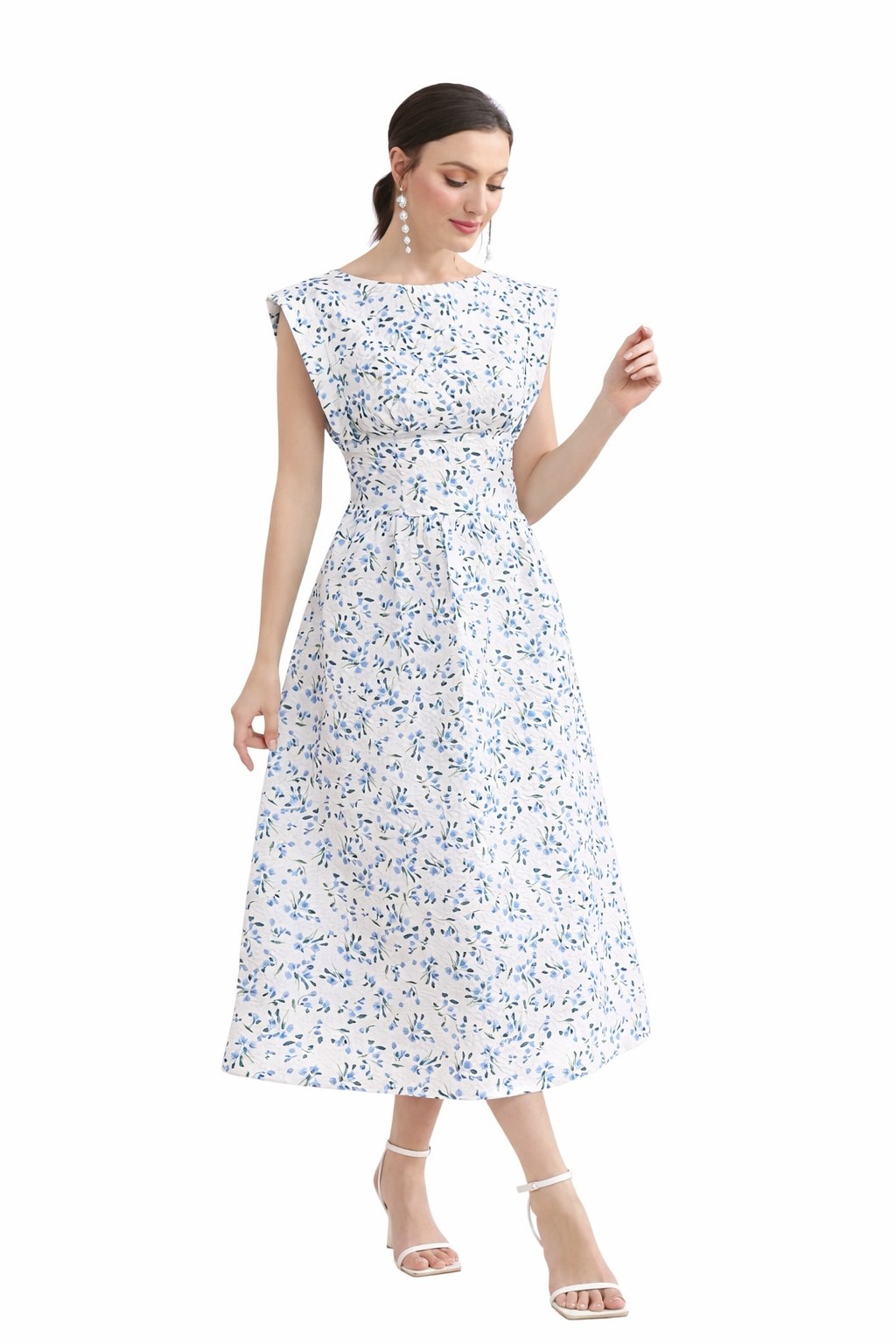 NEW- White Floral Print Midi Dress - Cap Sleeve A-Line