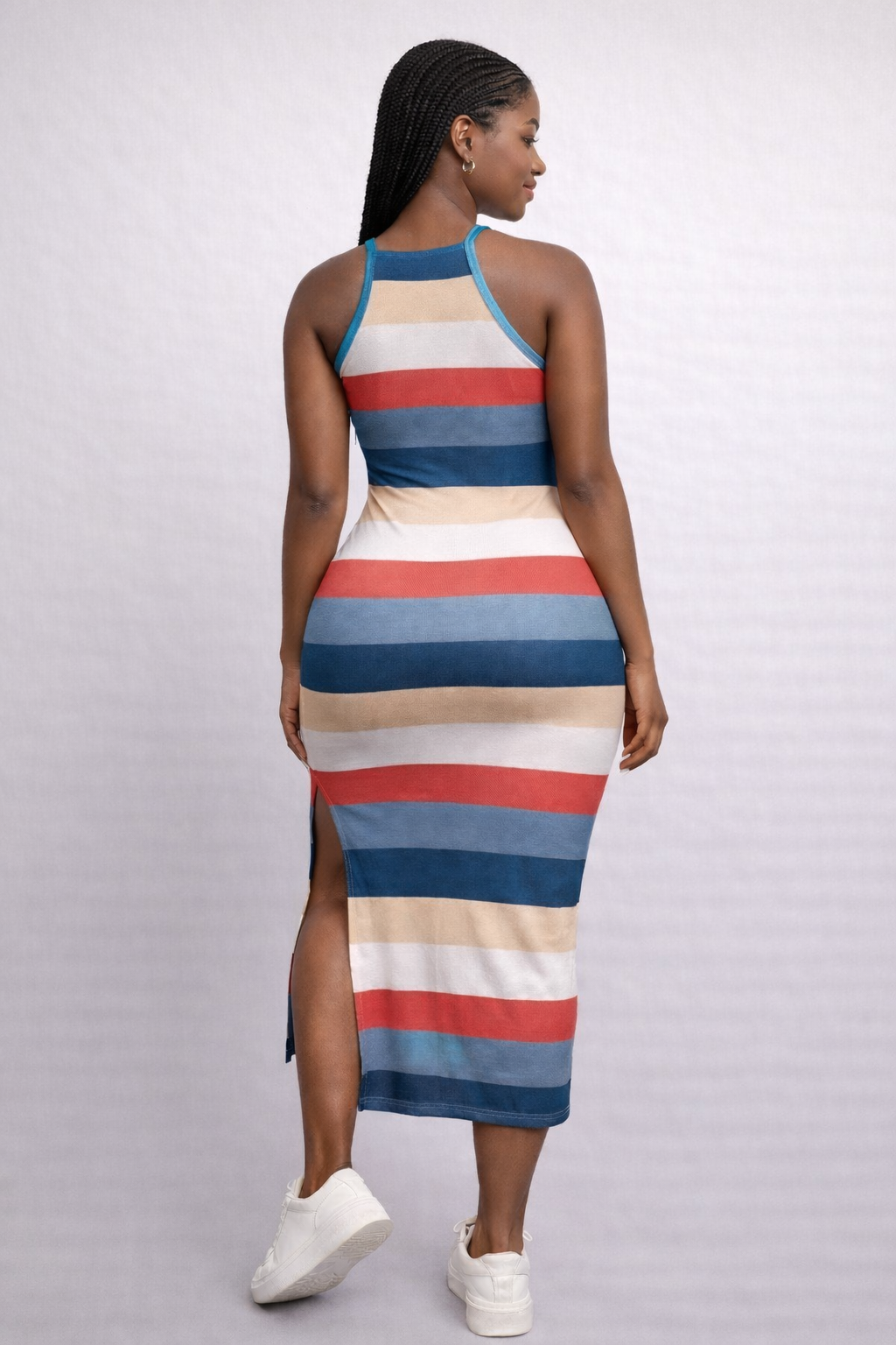 Turquoise-Coral Strip Halter Maxi Dress