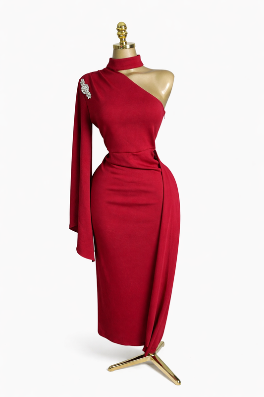 Asymmetric One-Shoulder Midi Dress - Red