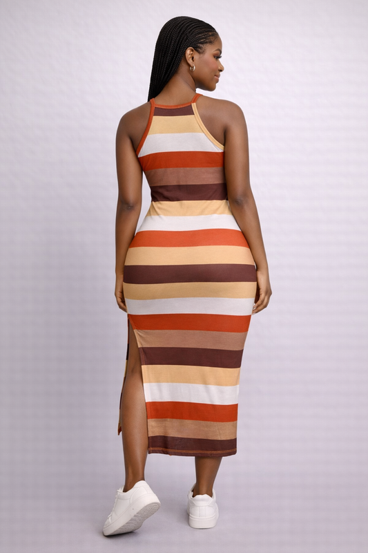 Coral-Brown Stripe Halter Maxi Dress