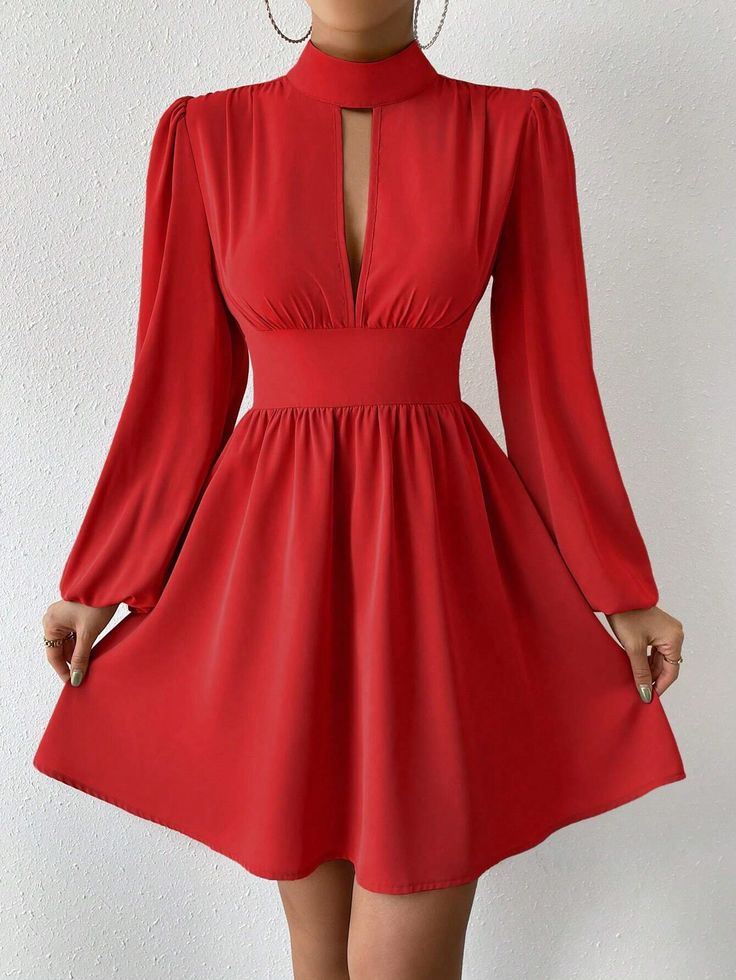 Red Long Sleeve High Collar A-Line Dress