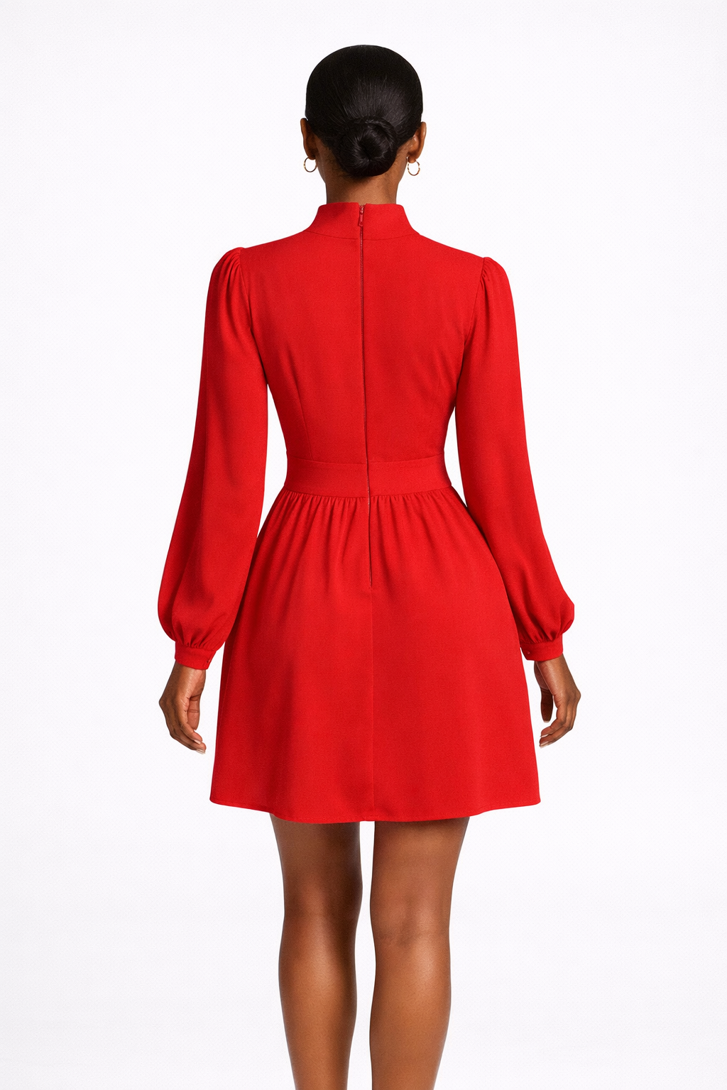 Red Long Sleeve High Collar A-Line Dress