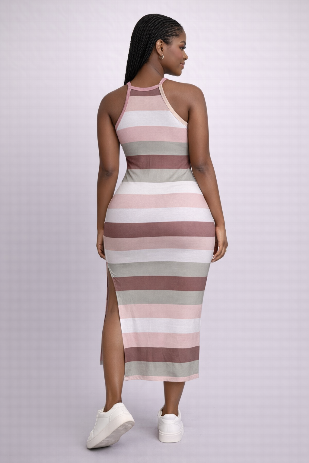 Pink-Brown Stripe Halter Maxi Dress