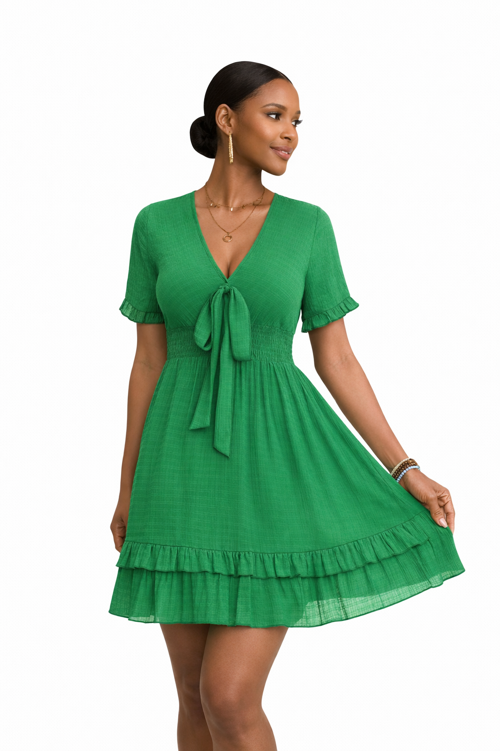 Green Tiered Ruffle Mini Dress with Bow