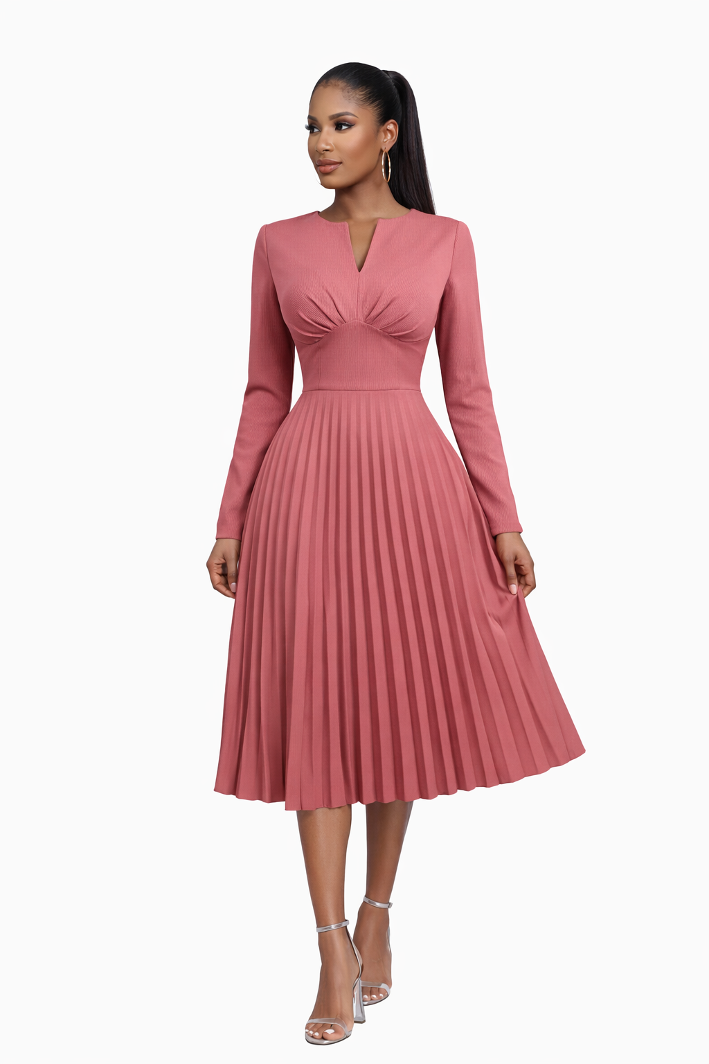 NEW-Pink Pleated Midi Dress with V-Notch Neckline