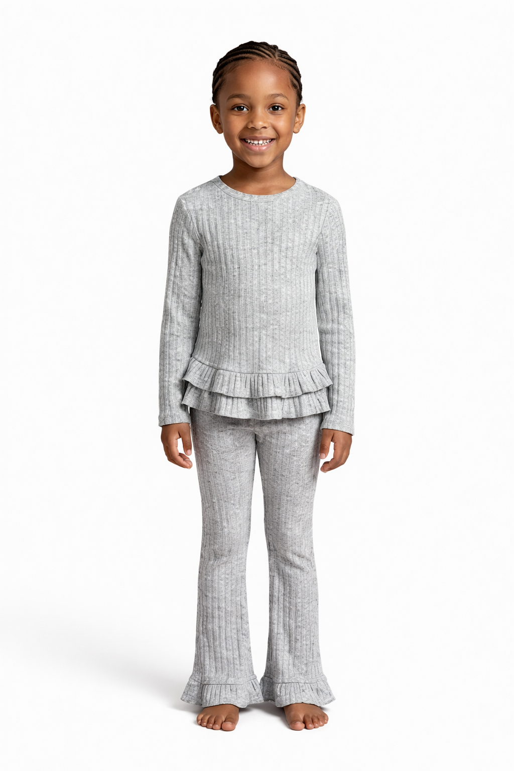 Girls Grey Ribbed Ruffle Top & Flare Pants Set