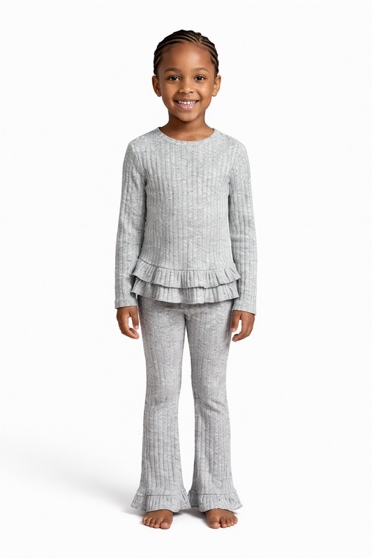Girls Grey Ribbed Ruffle Top & Flare Pants Set