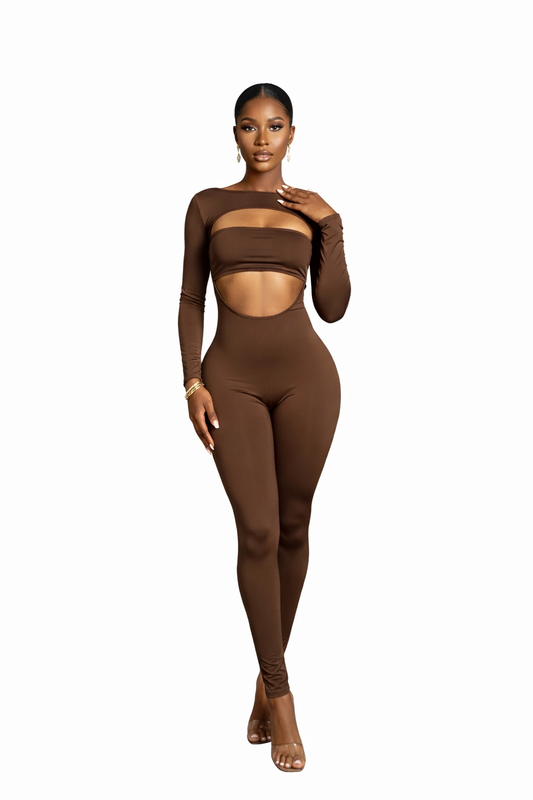 Brown Cut-Out Off-Shoulder Jumpsuit
