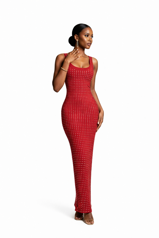 Red Studded Bodycon Maxi Dress