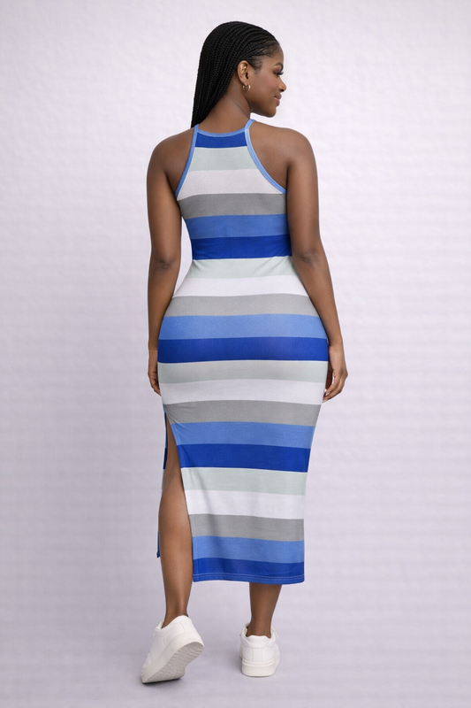 Blue-White Stripe Halter Maxi Dress