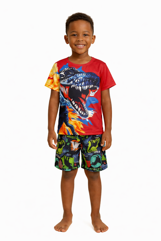 NEW- Boys Dinosaur T-Rex Outfit Set - Red Top & Shorts