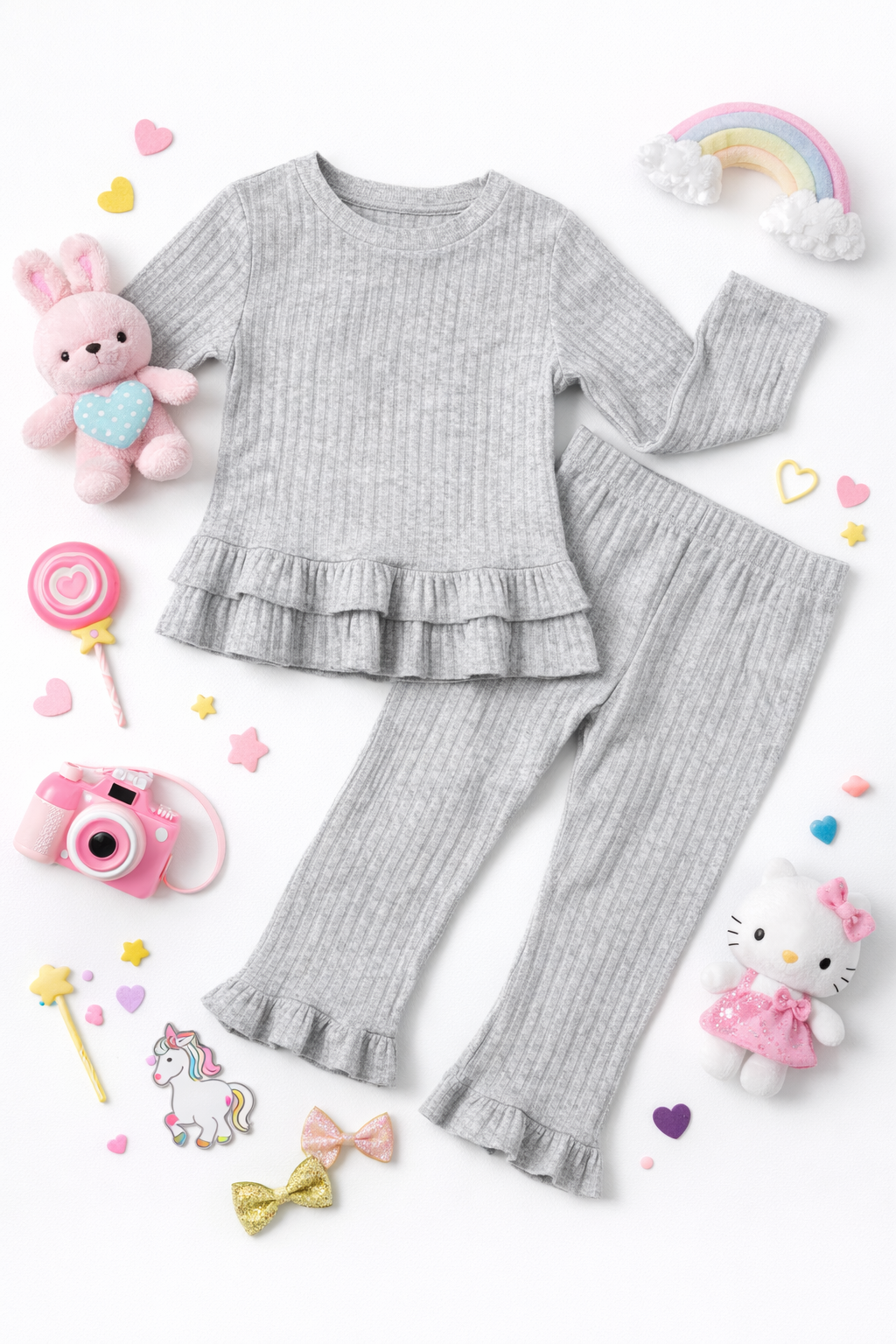 Girls Grey Ribbed Ruffle Top & Flare Pants Set