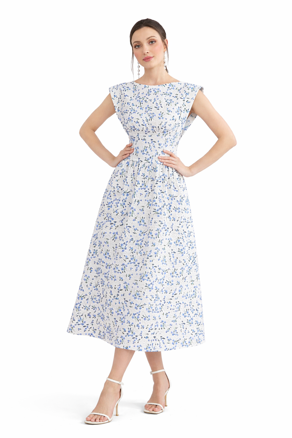 NEW- White Floral Print Midi Dress - Cap Sleeve A-Line