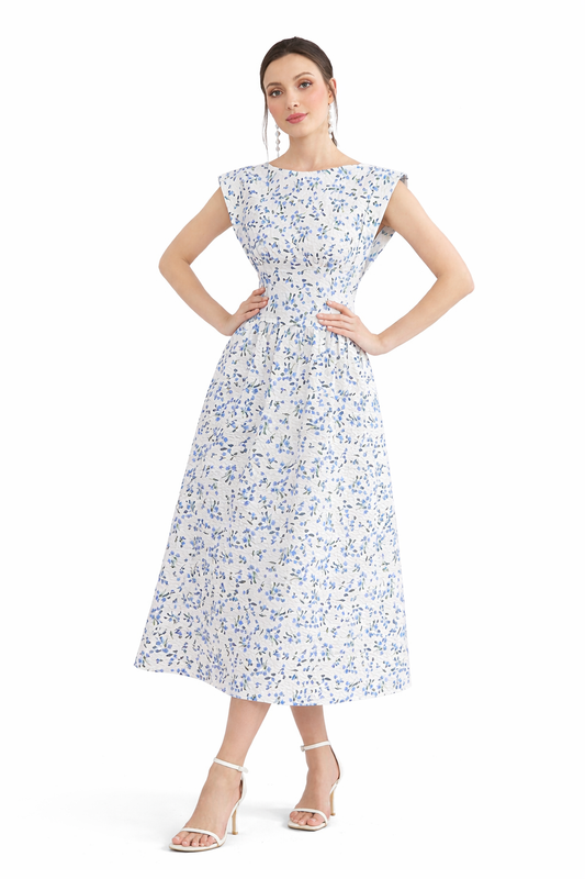 NEW- White Floral Print Midi Dress - Cap Sleeve A-Line