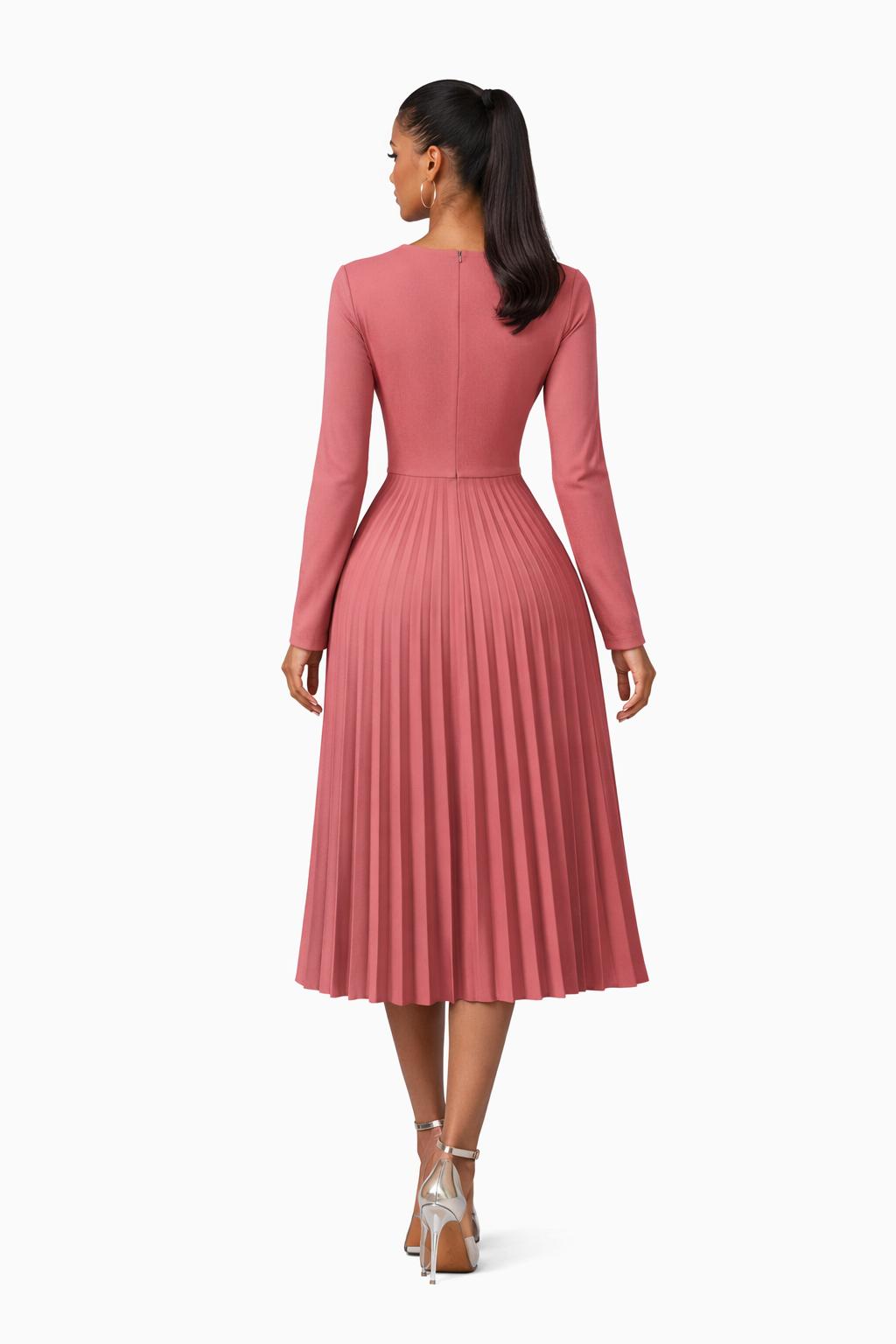 NEW-Pink Pleated Midi Dress with V-Notch Neckline