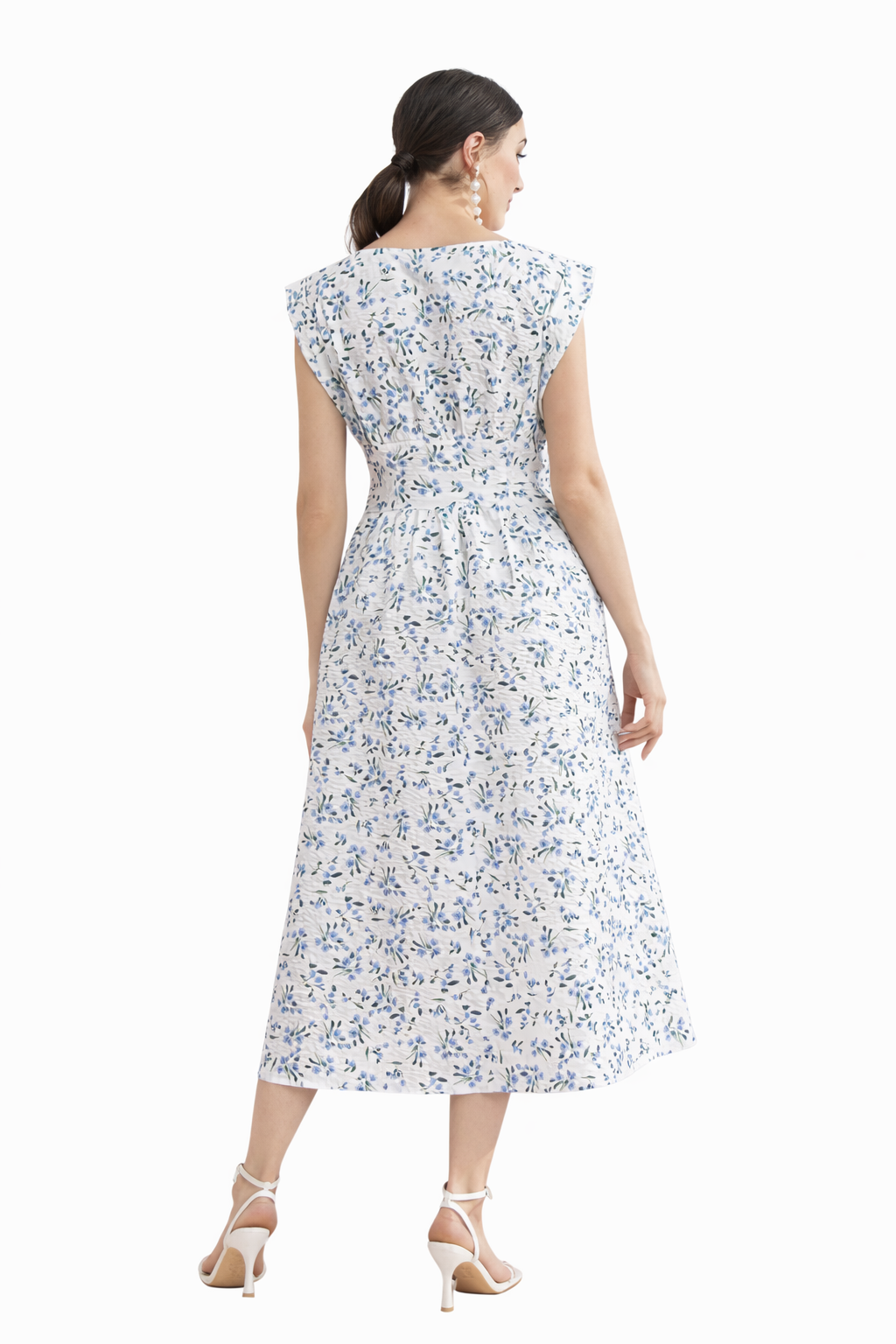 NEW- White Floral Print Midi Dress - Cap Sleeve A-Line