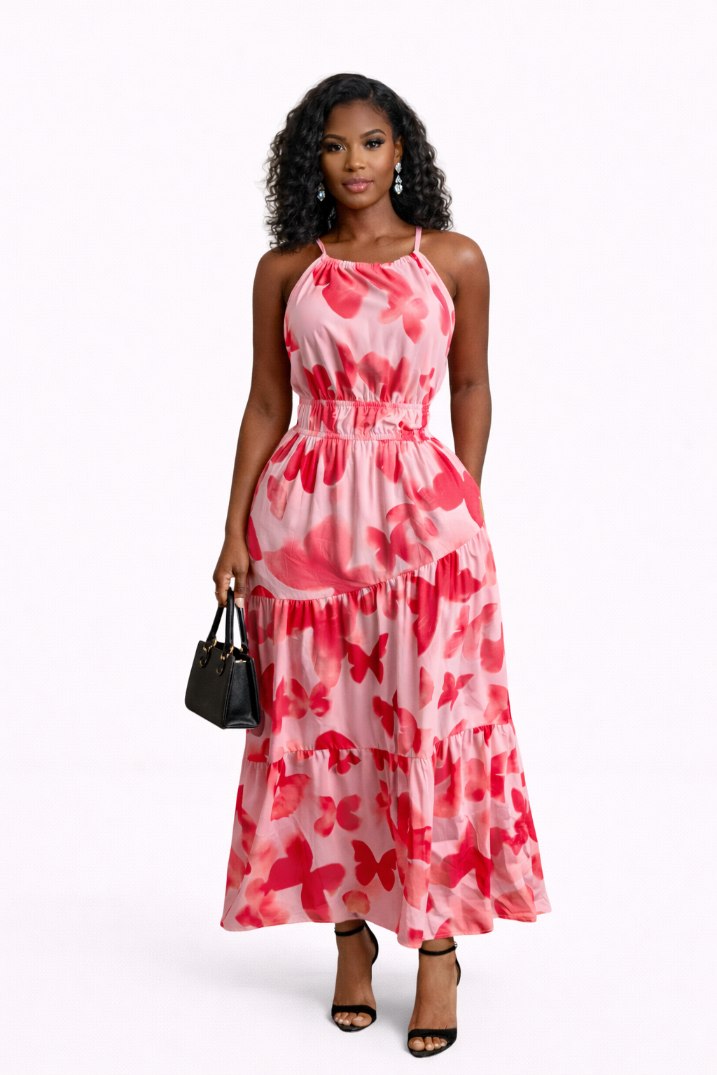NEW-Butterfly print maxi dress with ruffle hem details
