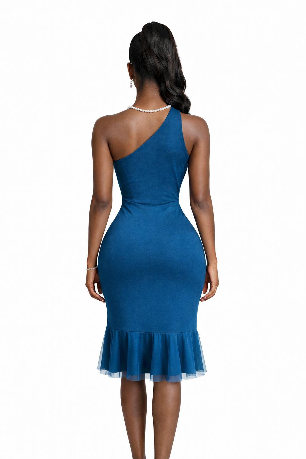NEW- One Shoulder Embellished Ruffle Hem Dress - Royal Blue