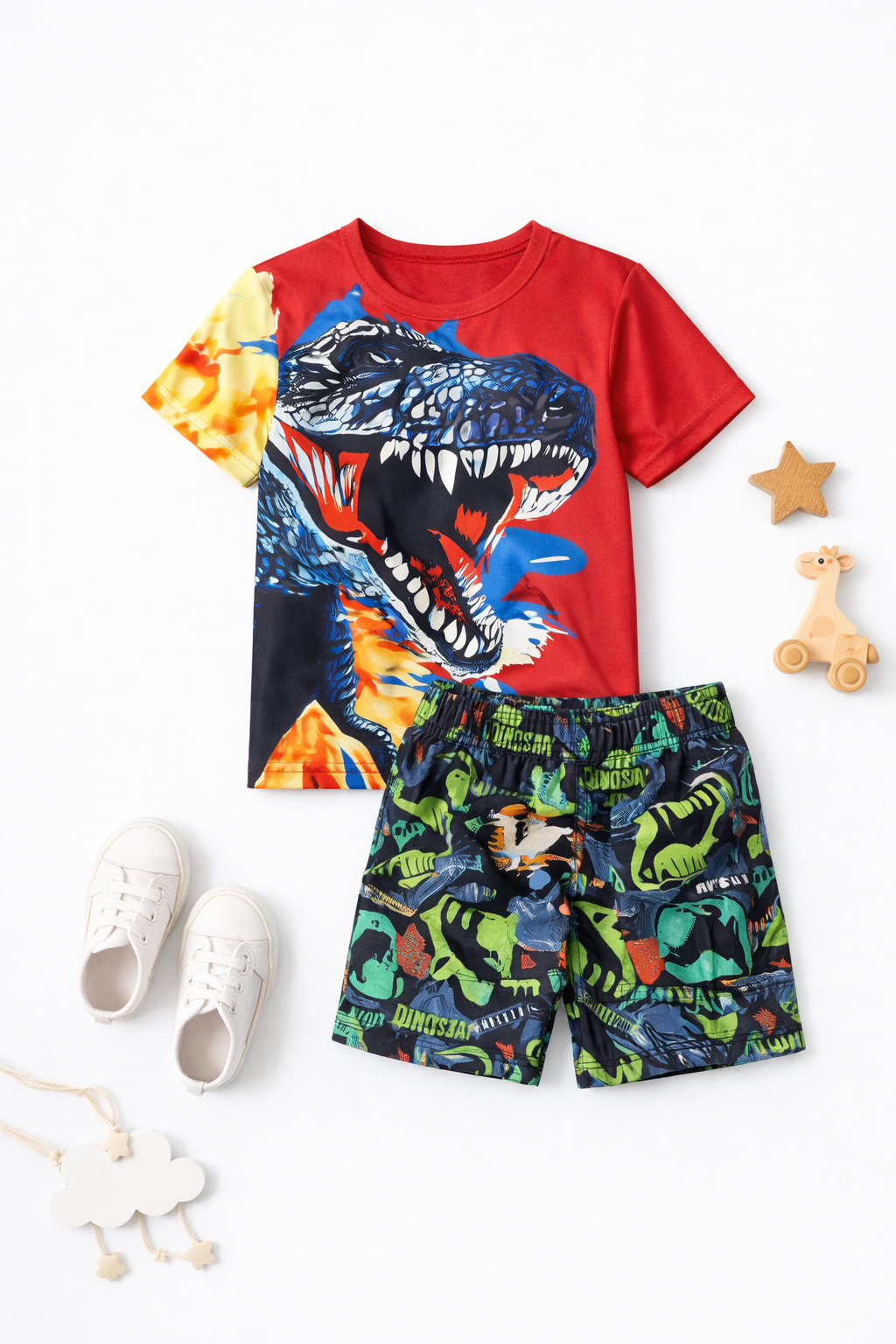 NEW- Boys Dinosaur T-Rex Outfit Set - Red Top & Shorts