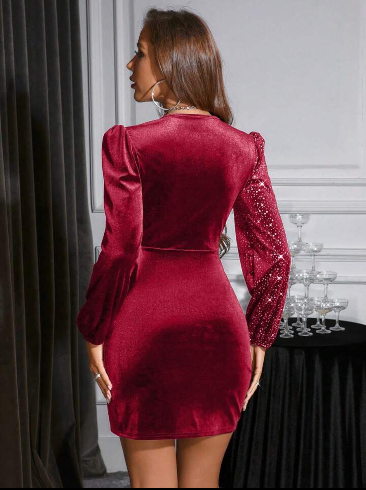 NEW-Burgundy Rhinestone Wrap Mini Dress